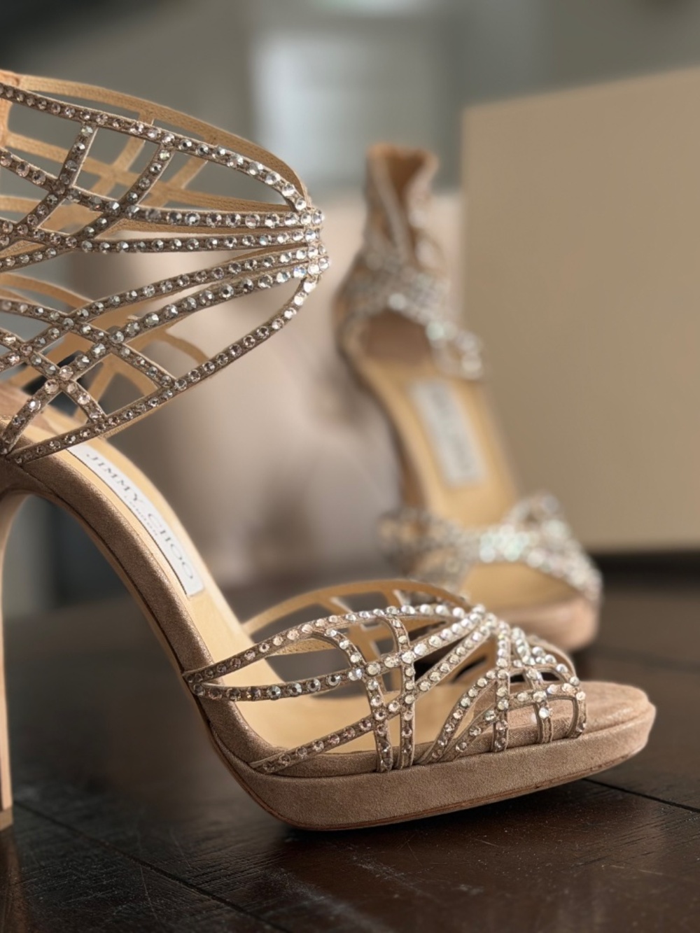 Jimmy Choo Diva Crystal Cage Sandals Sand Suede Heels Size 39 8.5 - Picture 3 of 11